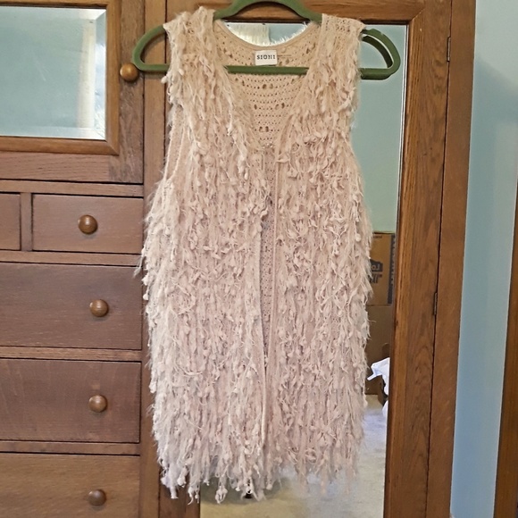 Long Beige Fringe Knit Vest with hook closure L/XL - Picture 8 of 11